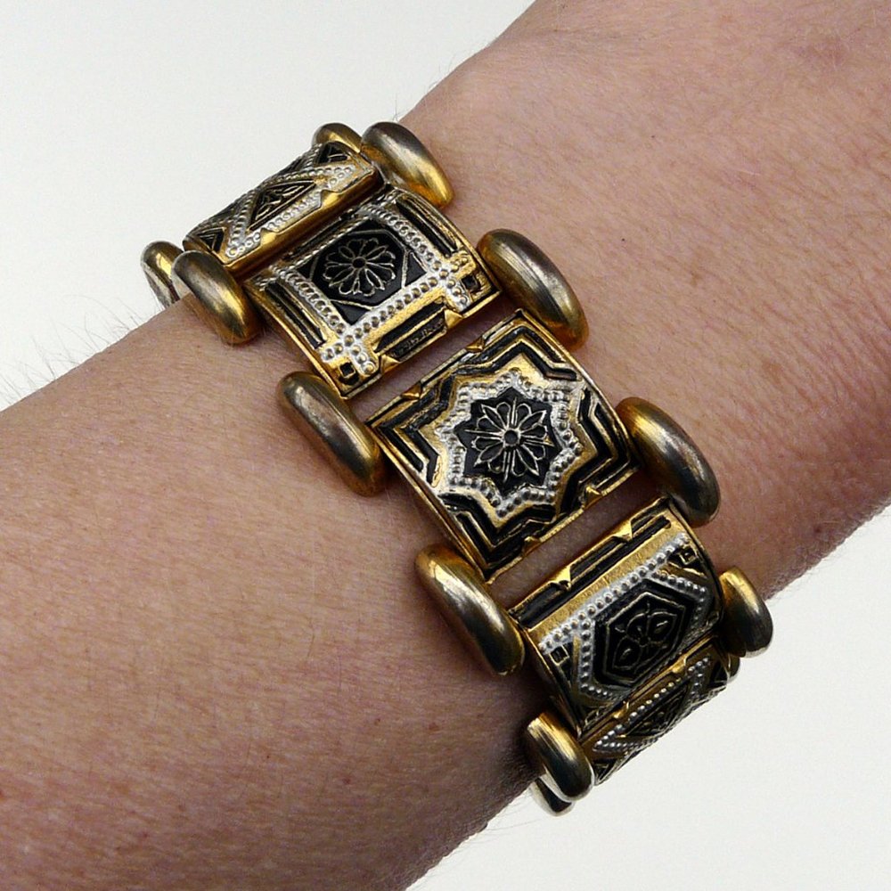 🔴 Vintage Damascene style black & gold bracelet